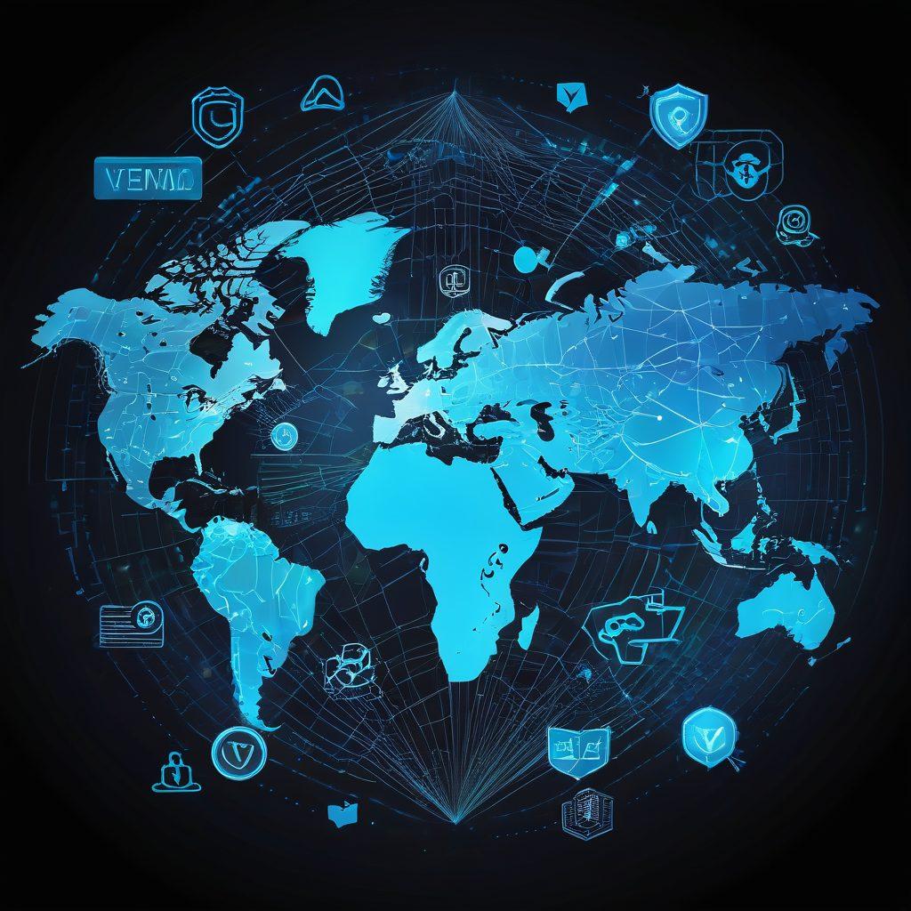 A dynamic collage featuring various cybersecurity tools like VPN icons, encrypted chat symbols, and a shield representing internet privacy. Background of a digital world map with data streams flowing, enhancing the sense of global online interaction. Identity masked figure in the center symbolizing anonymity. Cool blue and dark tones to evoke security. super-realistic. vibrant colors.