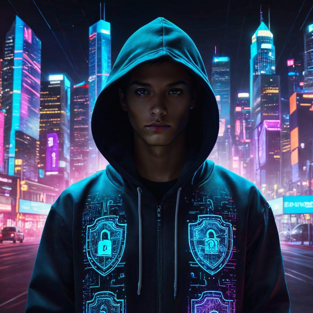 A futuristic scene of a figure in a hoodie, blending seamlessly into a digital cityscape filled with holographic security icons, padlocks, and encrypted data streams. The background shows faint outlines of devices and networks protected by shields. neon lights. cyberpunk. vibrant colors.