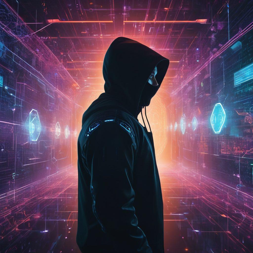A vigilant person shielded by a digital shield, browsing through a web of interconnected, glowing data. Intricate lock icons hover around, emphasizing security, as a hacker silhouette lurks in the shadows. Colors should be vivid and modern with a futuristic edge. cyberpunk. vibrant colors.